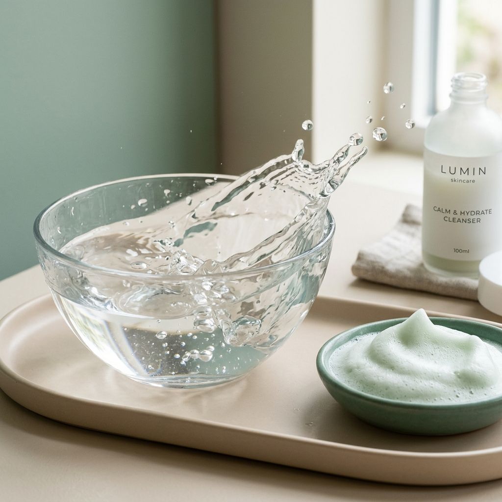Water splash and rich cleanser foam showing gentle skin cleansing and hydration