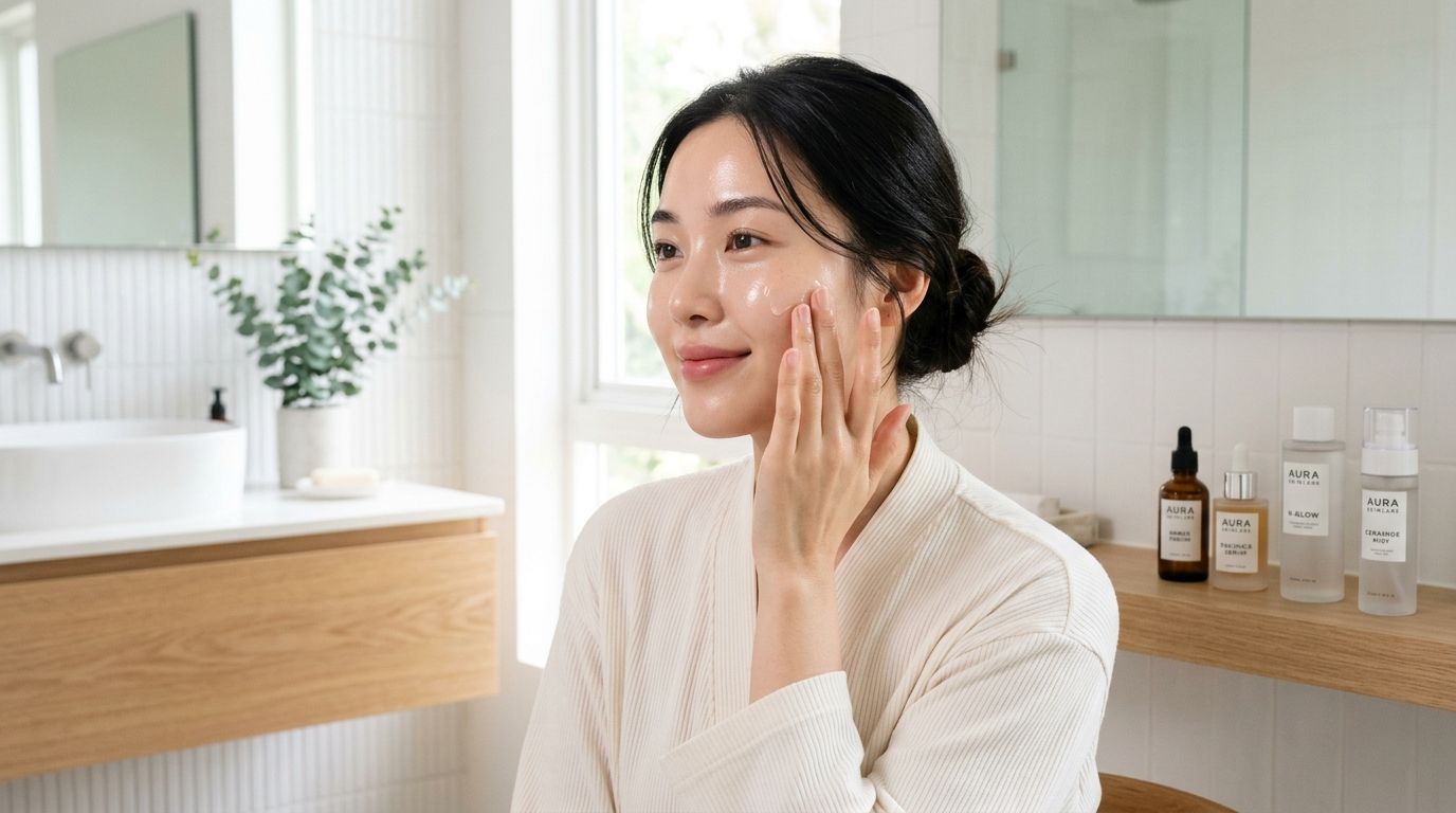 Korean model with glowing glassy skin applying K-beauty skincare product
