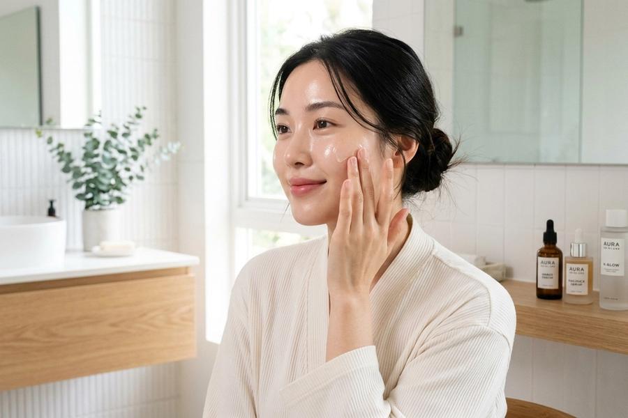 Korean model with glowing glassy skin applying K-beauty skincare product