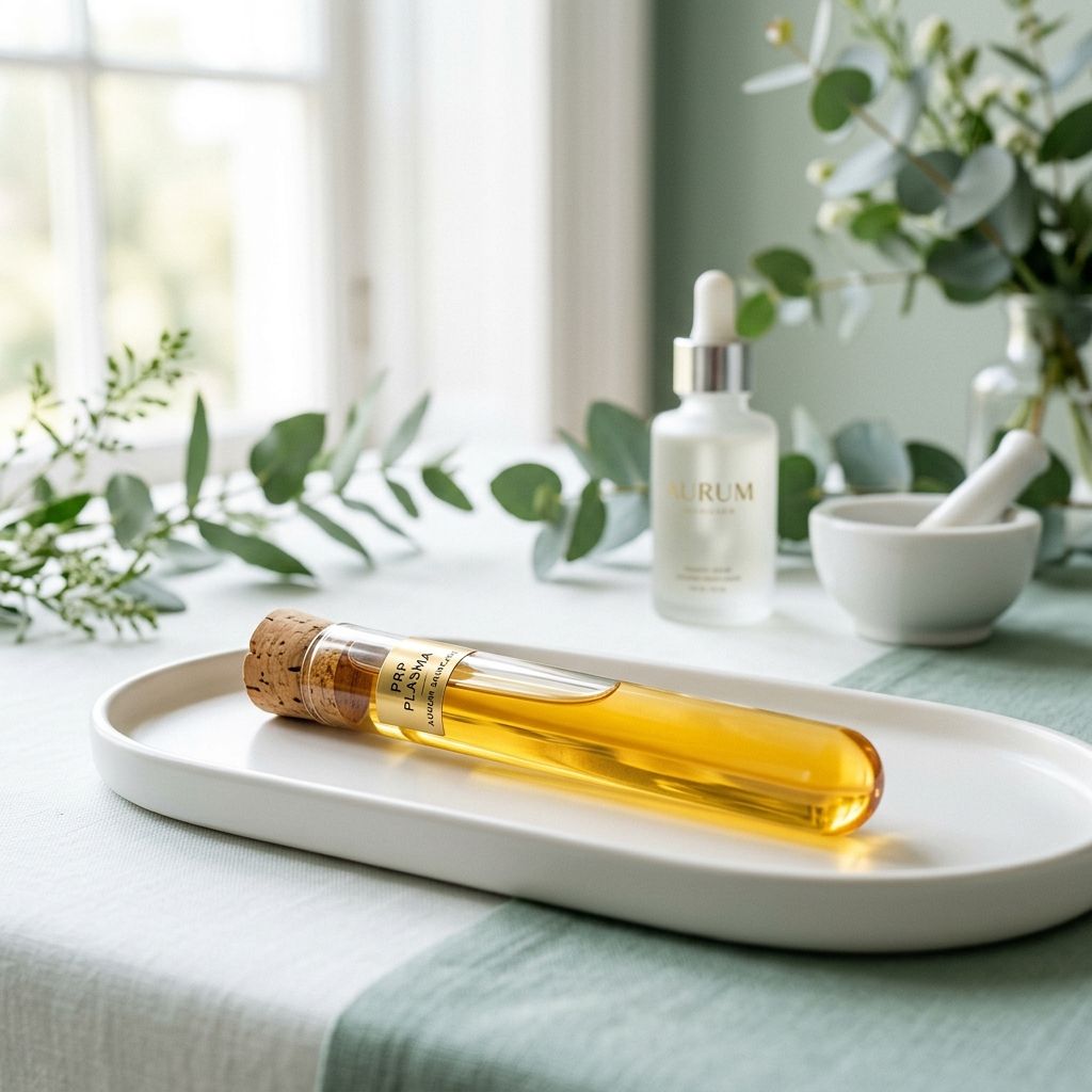 Golden liquid plasma test tube on a porcelain tray representing PRP skincare