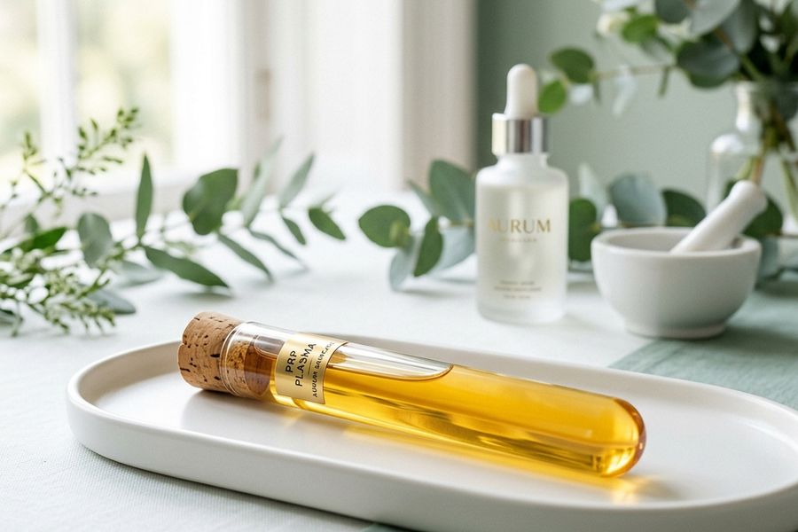 Golden liquid plasma test tube on a porcelain tray representing PRP skincare
