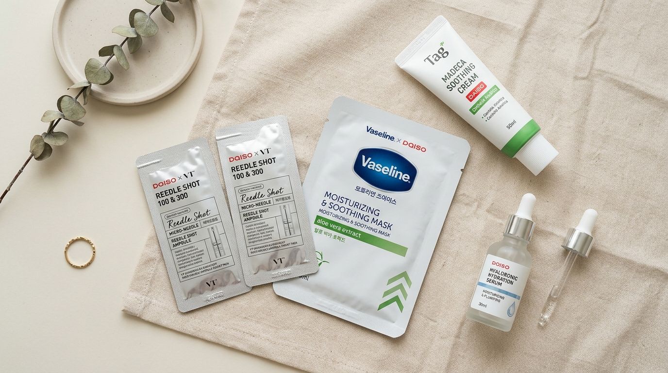 Daiso budget skincare products flatlay