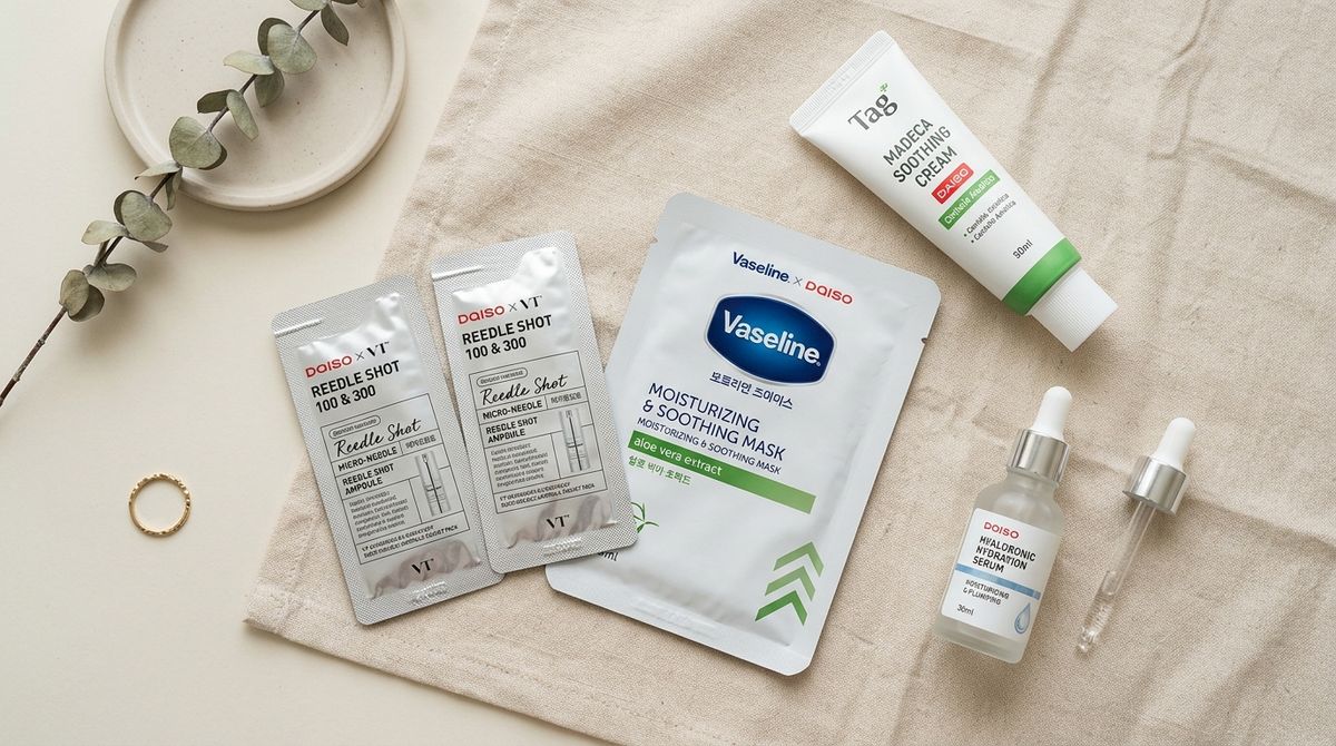 Daiso Korea budget skincare products flatlay