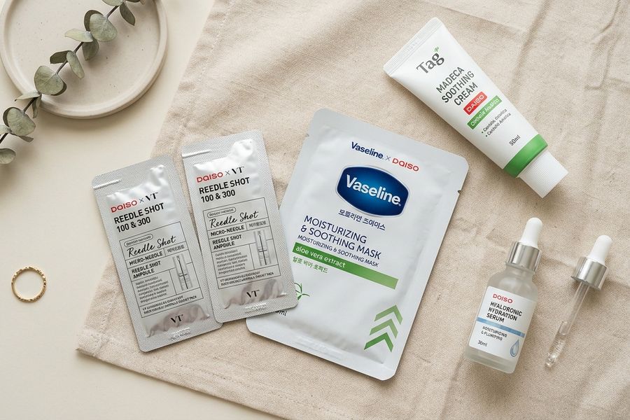 Daiso budget skincare products flatlay