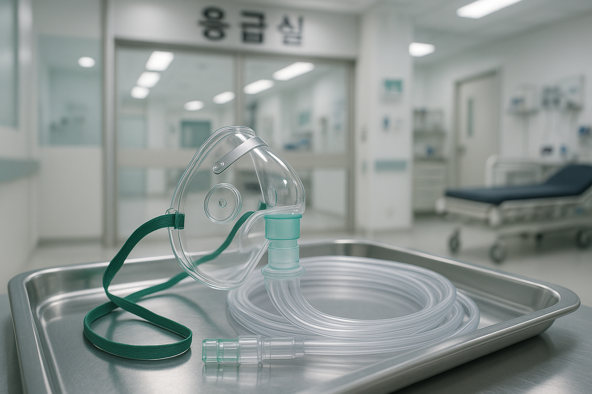 Medical-grade 100% oxygen mask and sterile tubing prepared on a medical tray