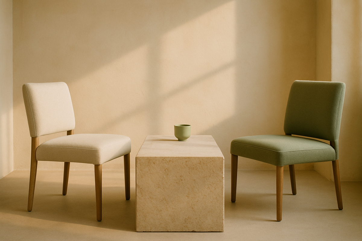 Two chairs facing each other at equal height beside a low stone table