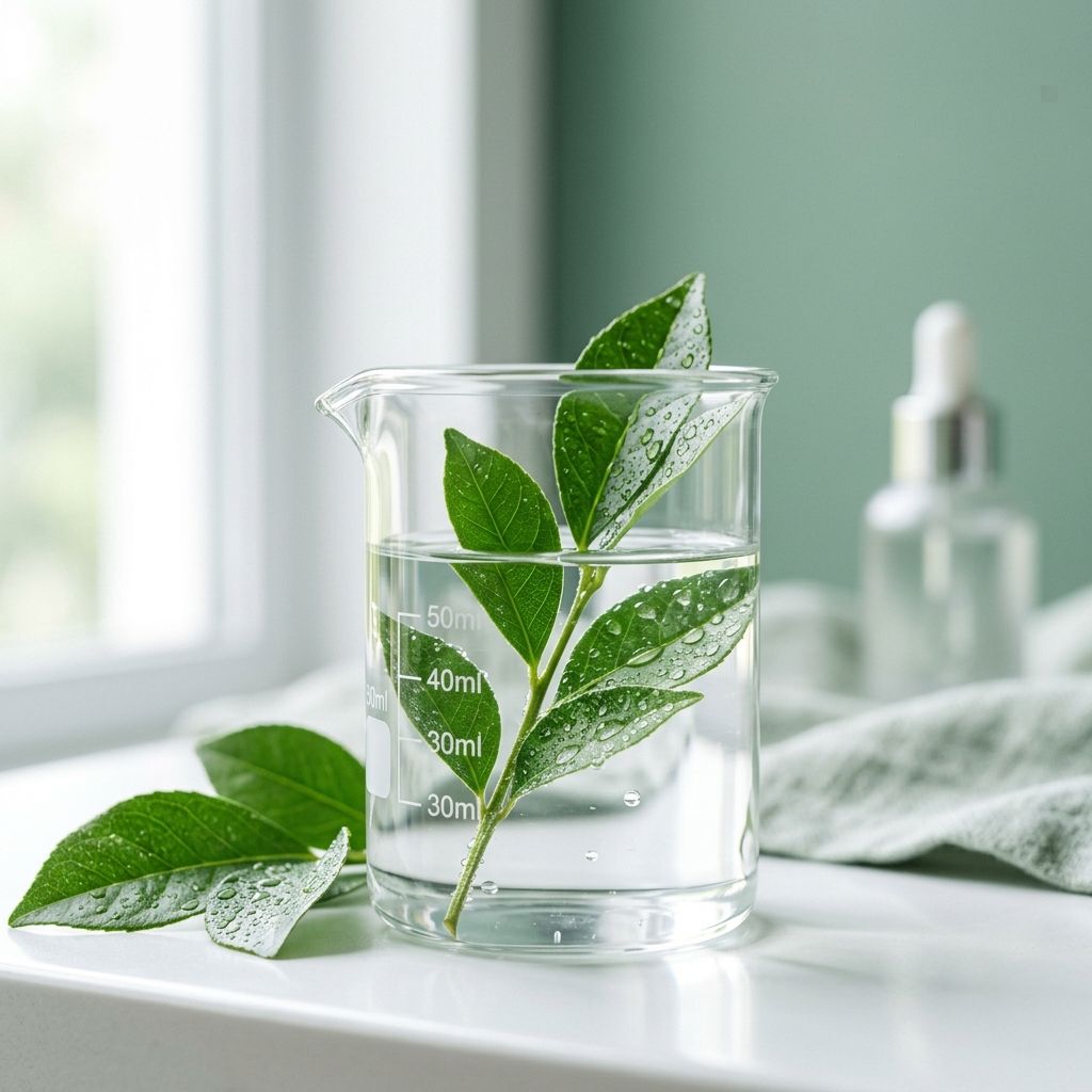 Clear glass beaker containing fresh green botanical leaves in pure water representing regenerative skincare science