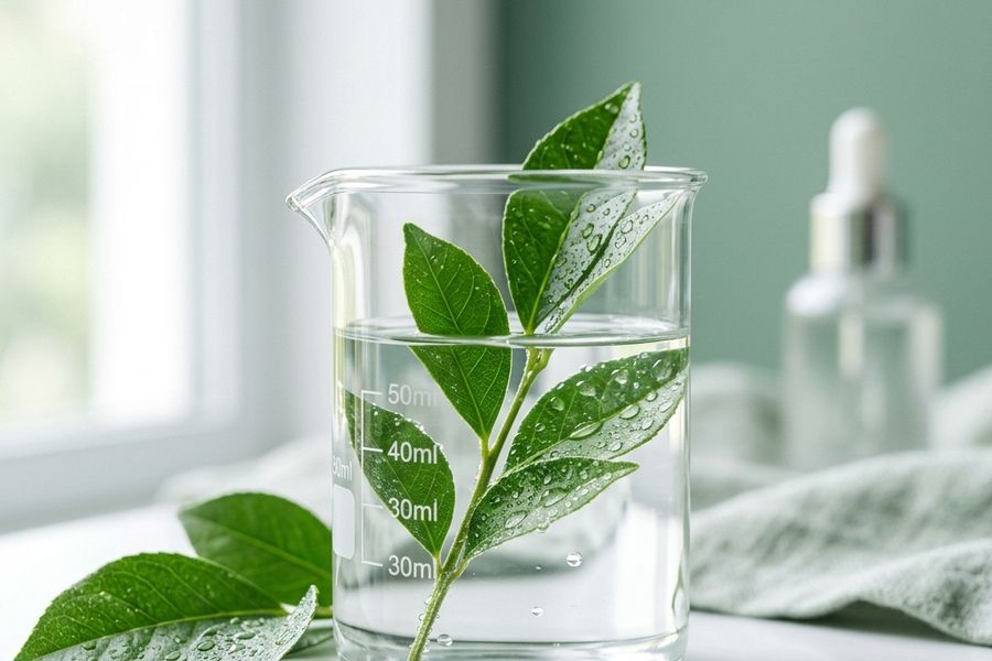 Clear glass beaker containing fresh green botanical leaves in pure water representing regenerative skincare science