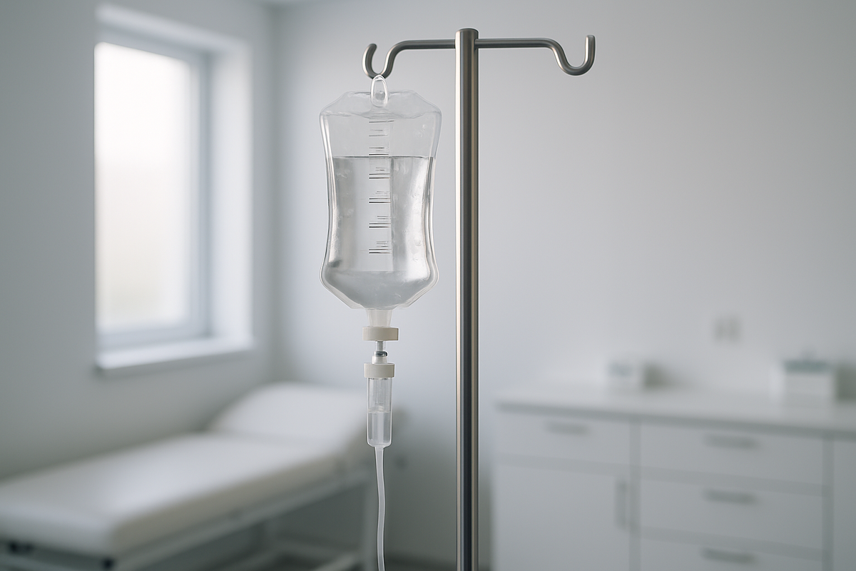 Clear IV saline drip infusion bag suspended on a stand in a medical room