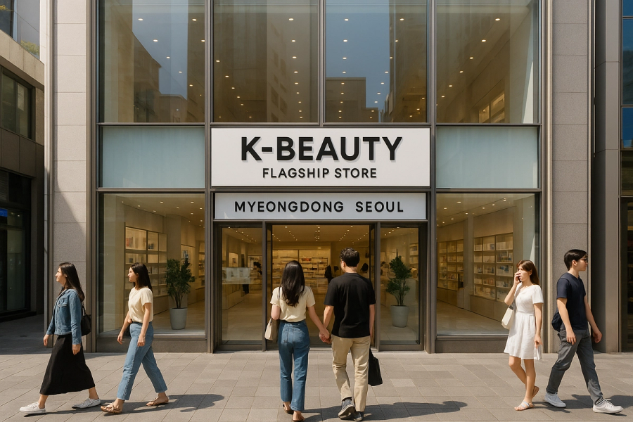 Modern beauty flagship store exterior in Myeongdong, Seoul