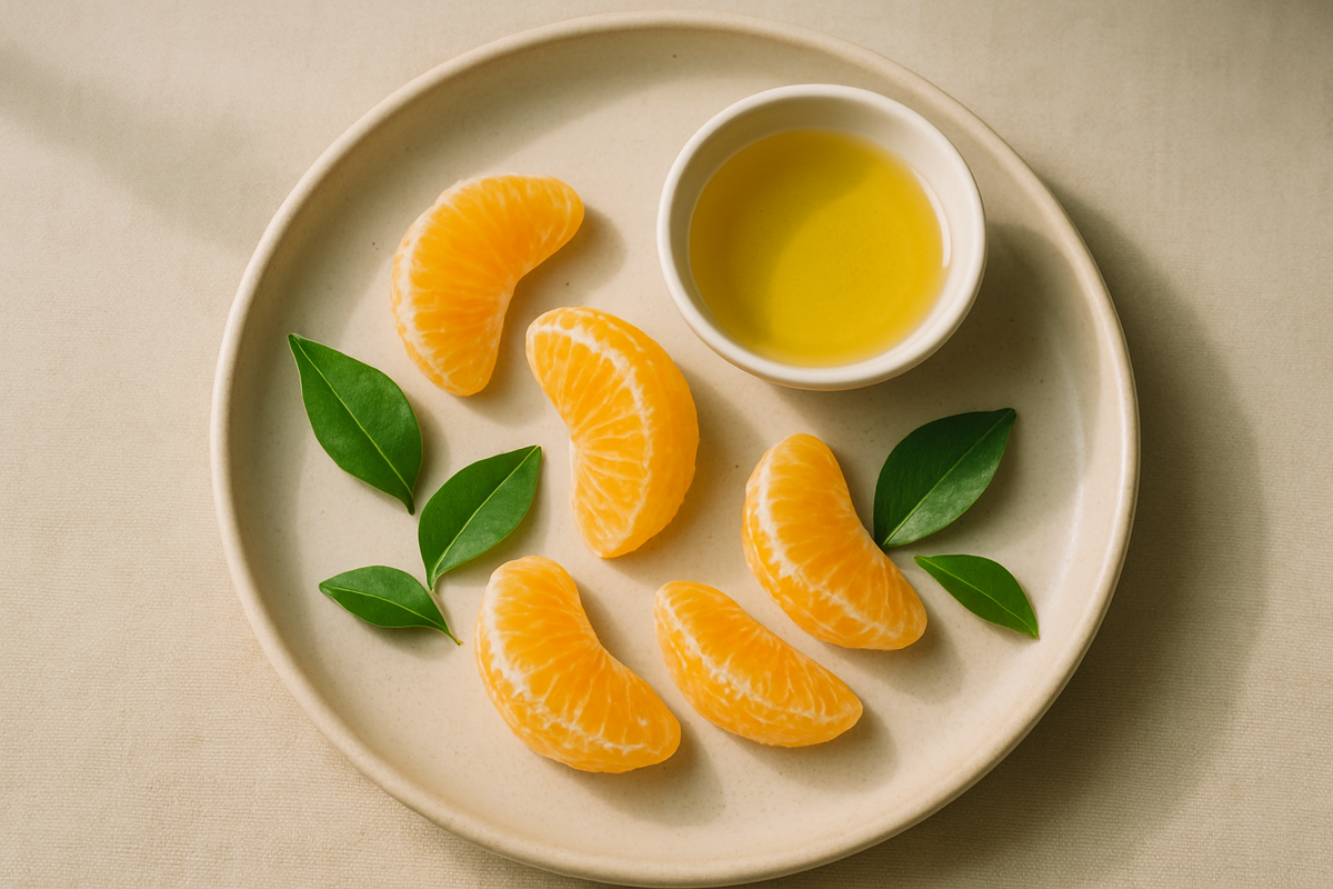 Citrus segments and leaves beside a dish of golden oil