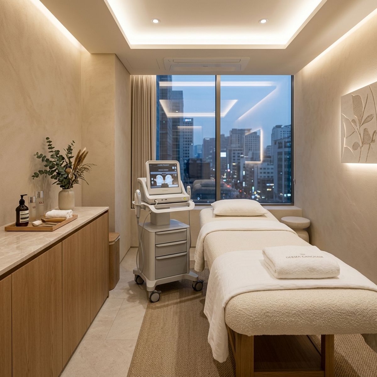 Luxury skincare treatment room in Gangnam, Seoul, with medical-grade laser equipment