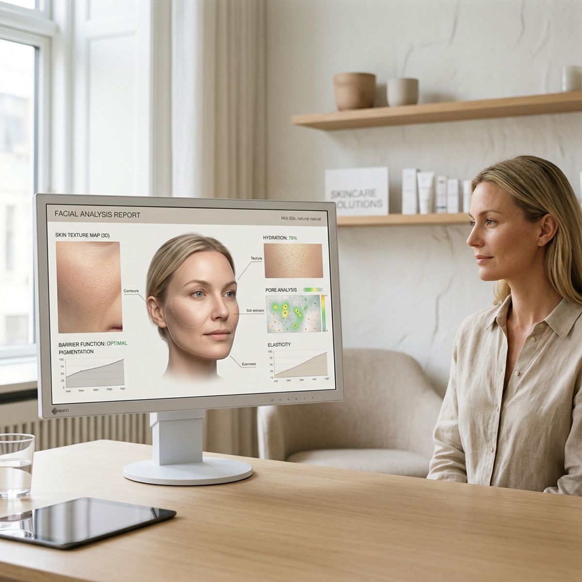 Dermatological 3D skin analysis display showing facial contours and skin texture metrics