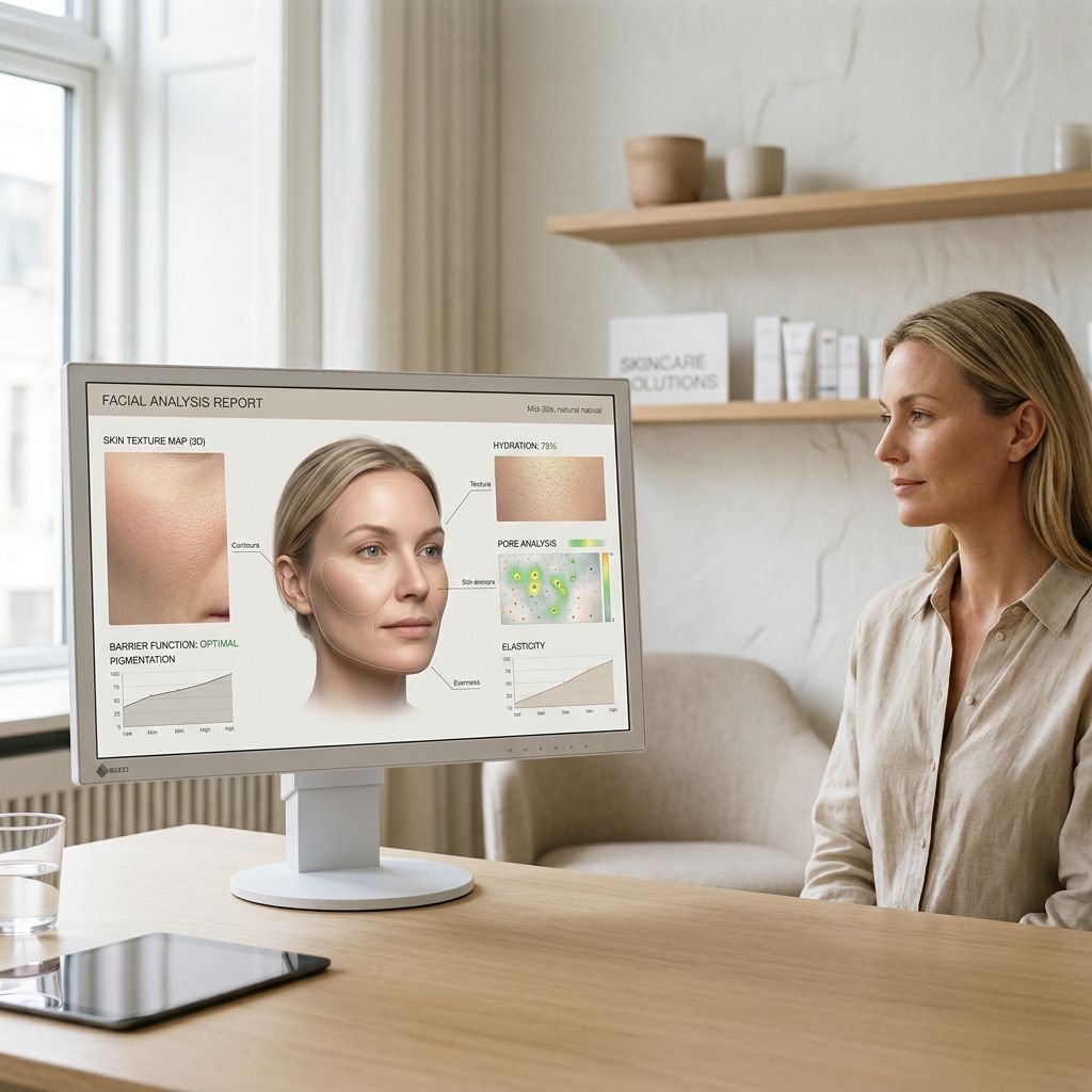 Dermatological 3D skin analysis display showing facial contours and skin texture metrics