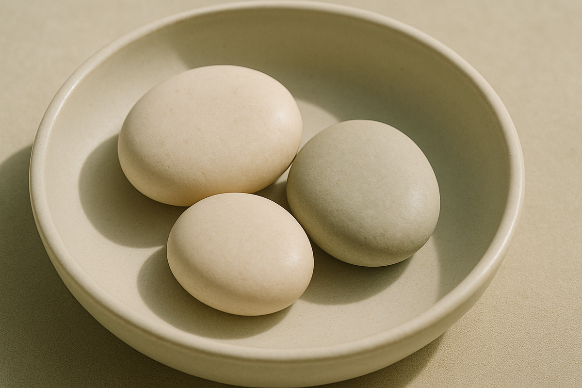 Three pale stones of different sizes resting together in a ceramic dish