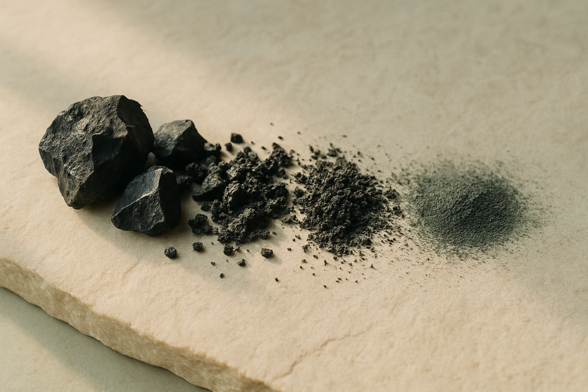 Dark mineral fragments broken from coarse to fine across pale stone