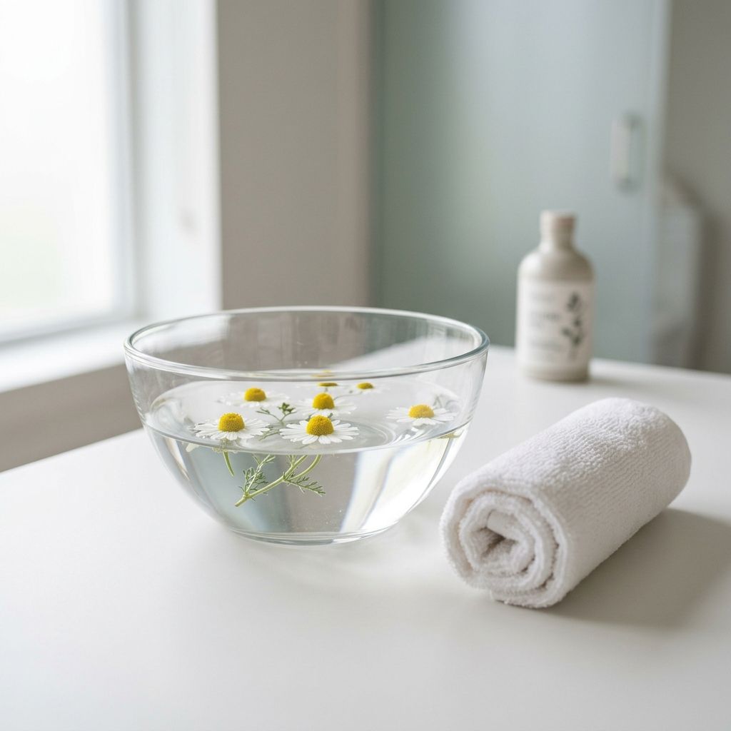 Chamomile water bowl and rolled white towel representing gentle recovery and healing