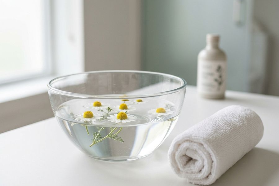 Chamomile water bowl and rolled white towel representing gentle recovery and healing