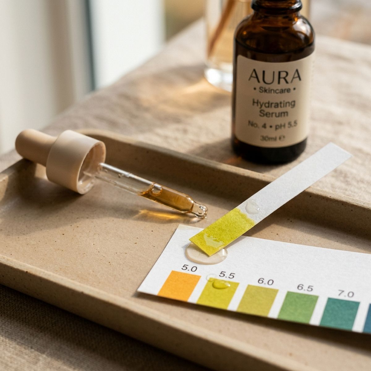 A pH test strip indicating skin-balanced pH level of 5.5 on a tray next to a serum bottle