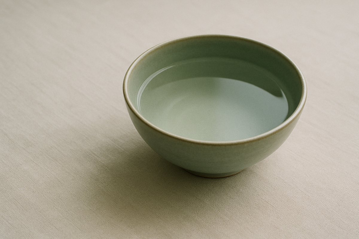 A bowl of perfectly still water on pale linen