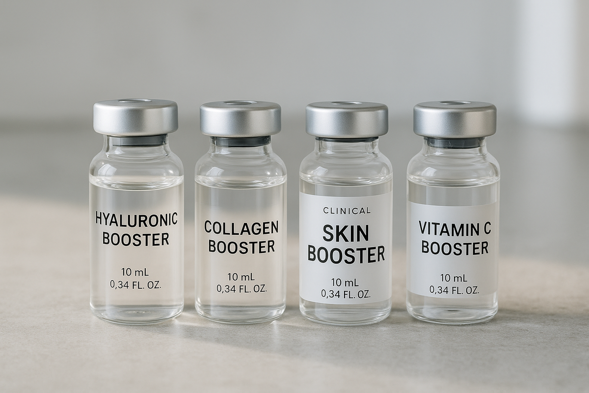 Four distinct premium clinical skin booster glass vials on stone counter