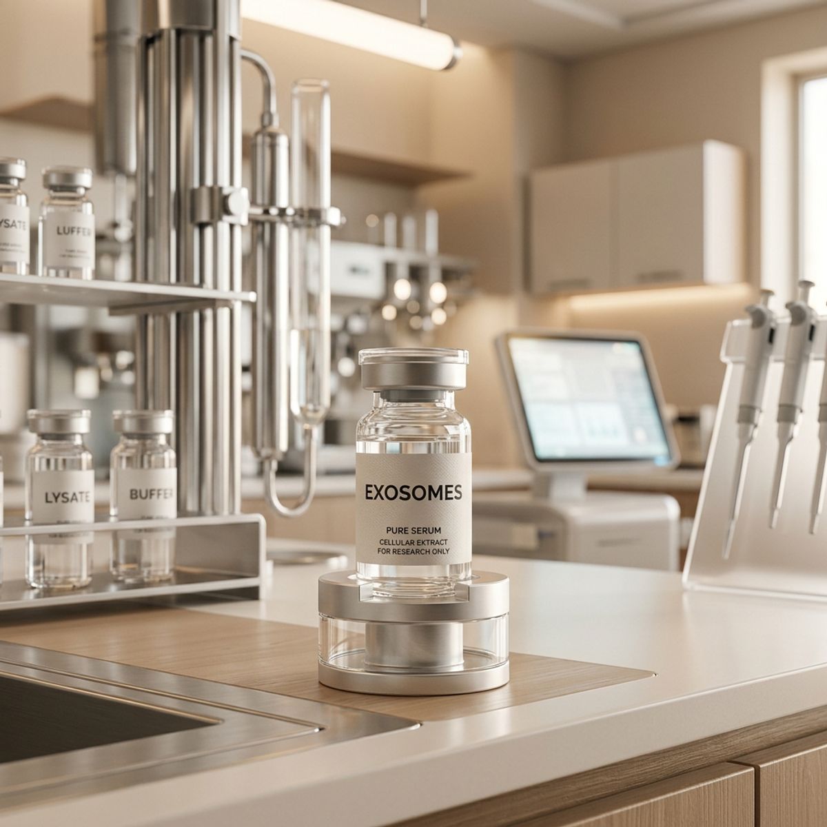 A high-end glass vial labeled EXOSOMES containing clear serum in a laboratory