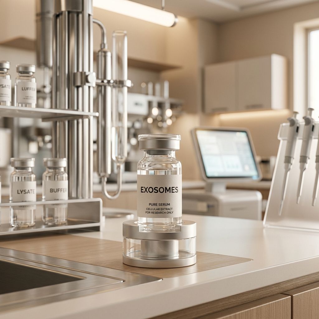 A high-end glass vial labeled EXOSOMES containing clear serum in a laboratory