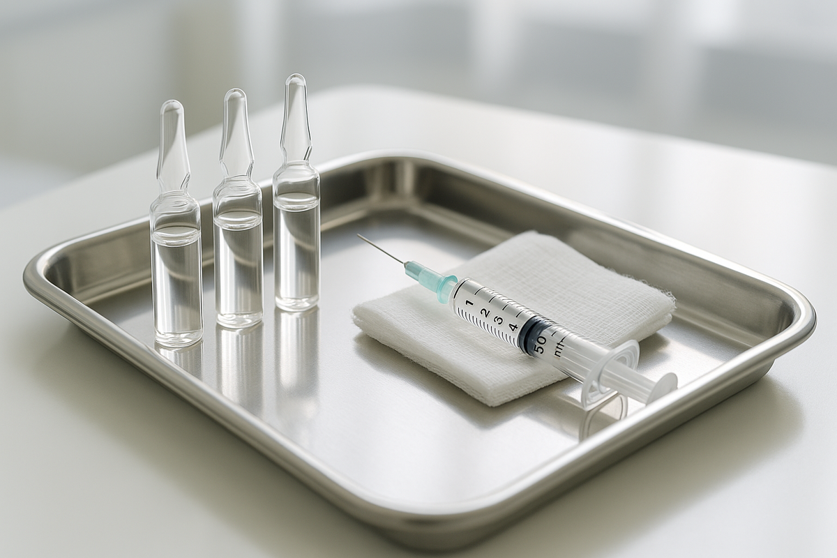 Sterile glass skin booster ampoules and fine syringe on medical tray