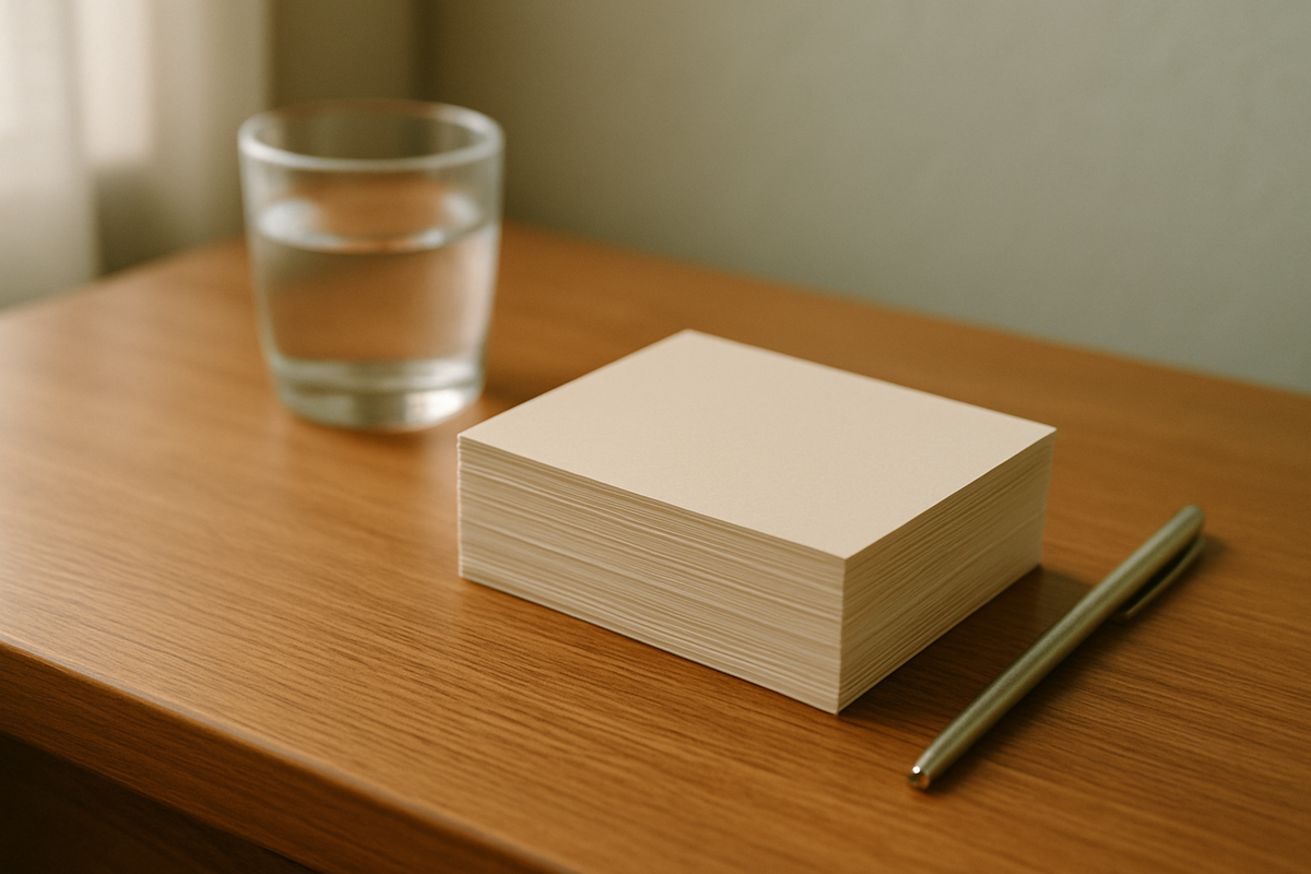 A stack of blank cards beside a pen on a wooden desk in window light