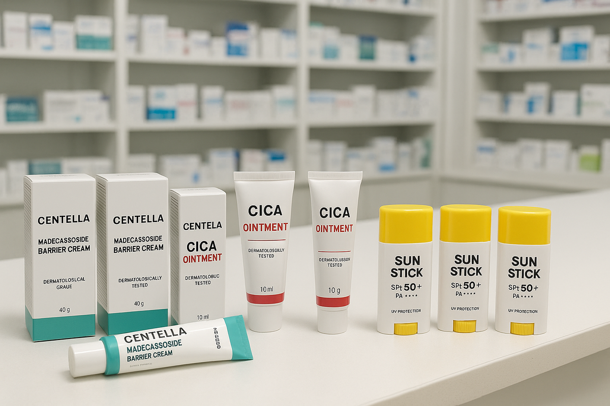 Korean pharmacy counter with Centella recovery creams and sun sticks