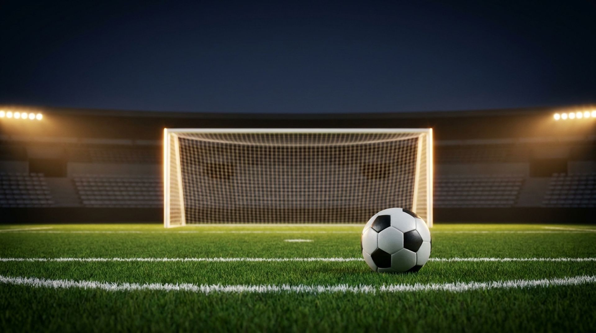 Soccer ball on an illuminated pitch with goal net at night