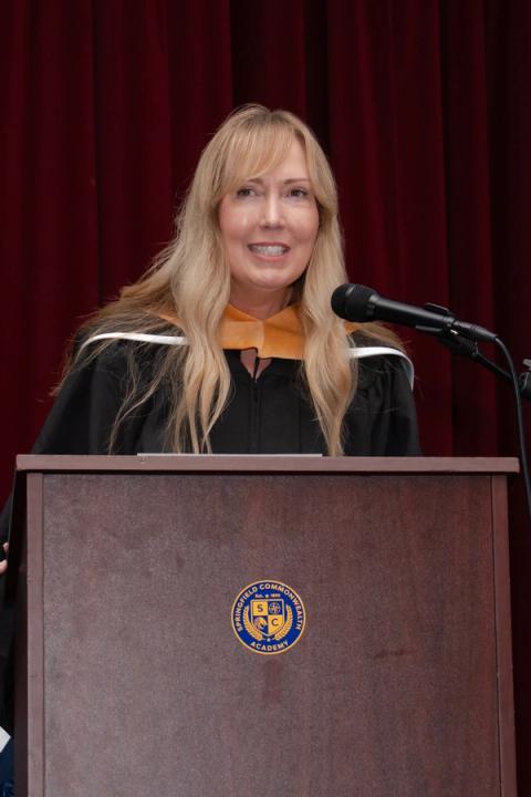 Beth Moriarty, Head of School, speaking at the 2025 graduation ceremony