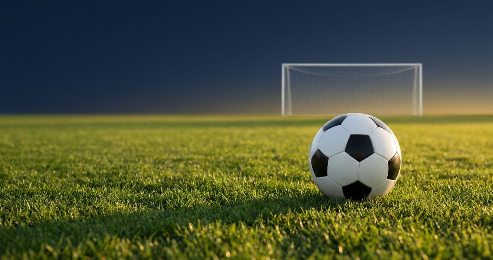 Soccer ball on a sunlit grass pitch with a goal net in the distance