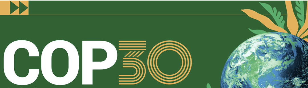 Green background with text 'COP30' in white and yellow near an illustration of Earth with green and yellow plant leaves.