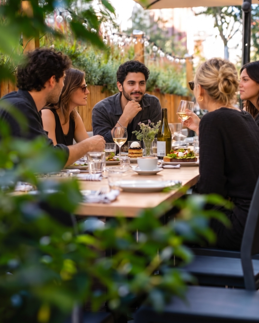 Guests enjoying brunch and drinks on Nomad's green summer terrace in Berlin-Mitte