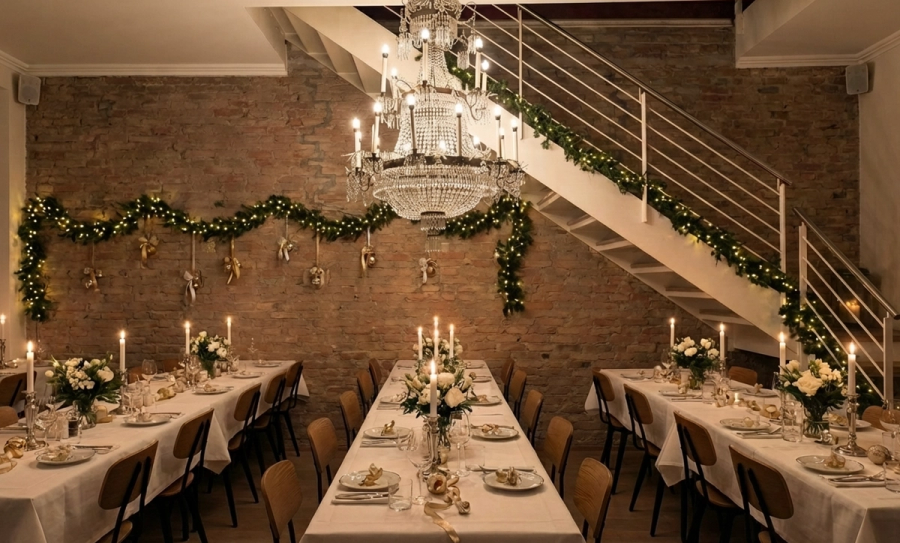 The Separée with three long tables laid for a celebration, candles, a chandelier and a brick wall
