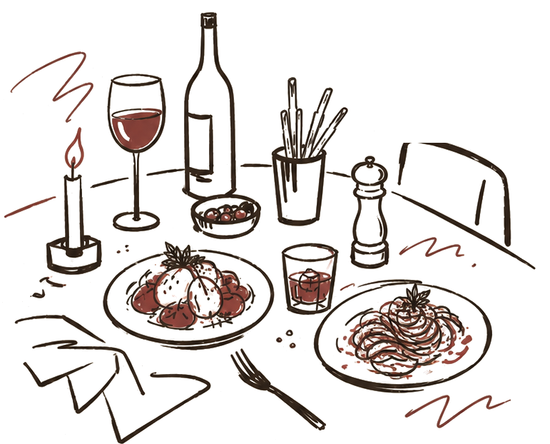 Drawing of a restaurant table with wine, a candle, plates and cutlery