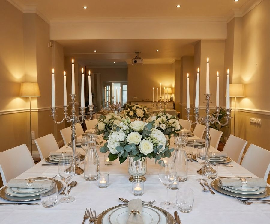 Oval Room mit langer, weiß eingedeckter Tafel, silbernen Kerzenleuchtern und weißen Rosen