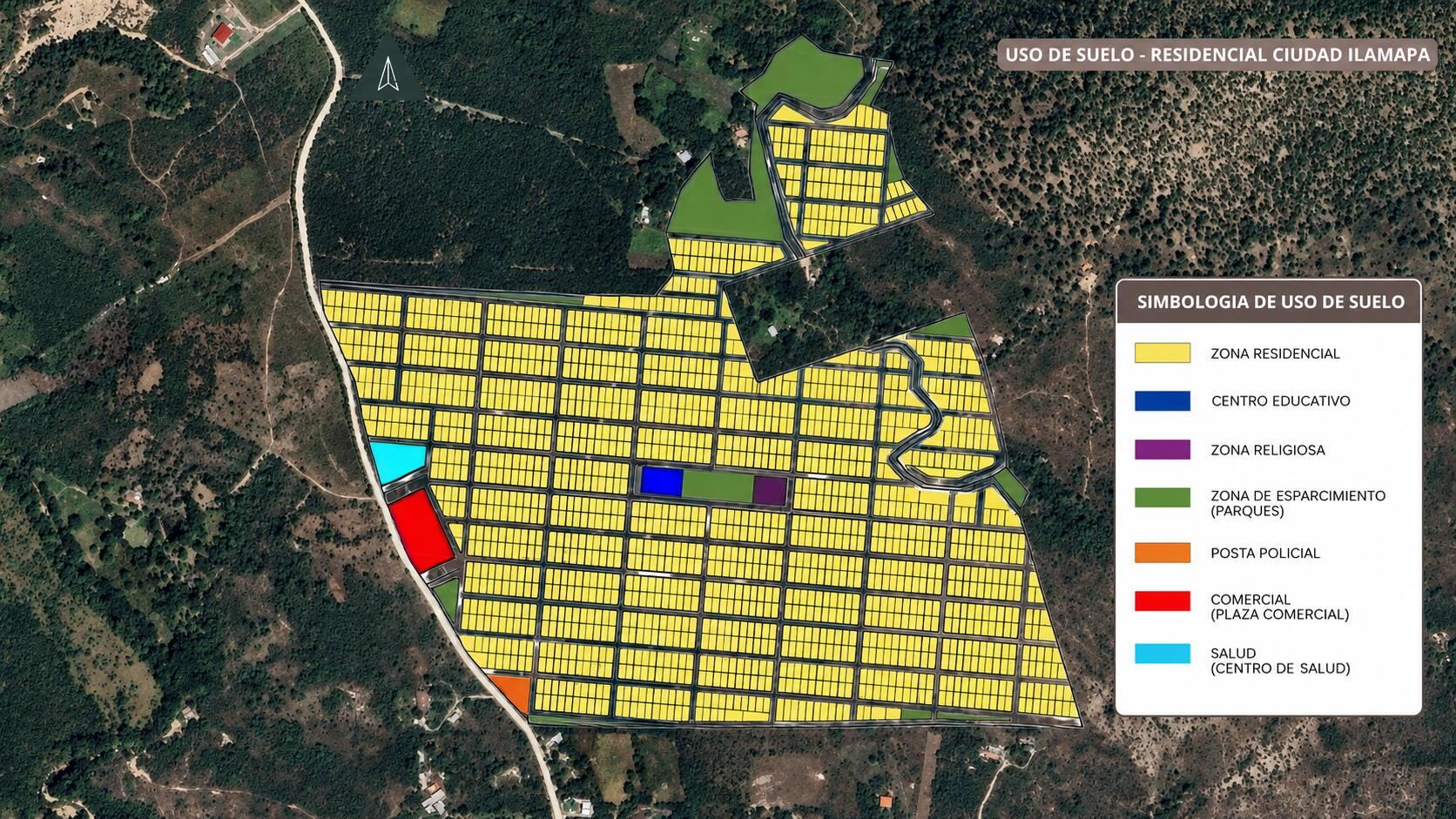 Plano de uso de suelo dibujado sobre una foto aérea del terreno: la zona residencial, los parques, el centro educativo, la zona religiosa, la plaza comercial, el centro de salud y la posta policial.