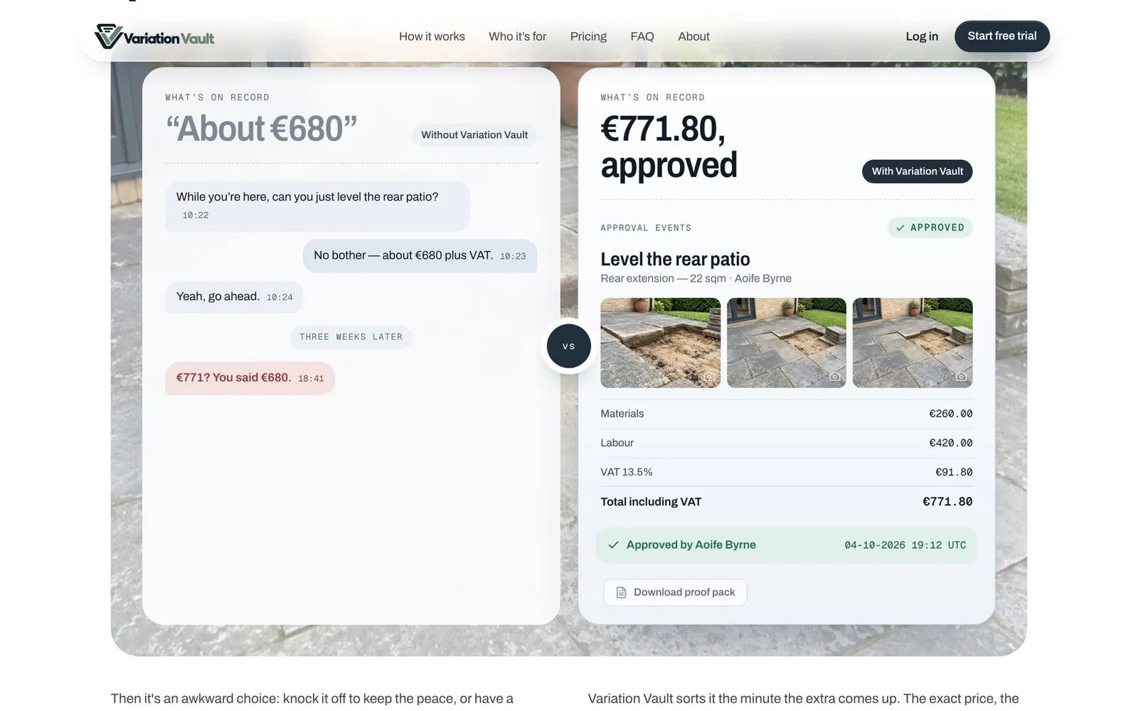 A WhatsApp chat with a rough price of about €680, next to the same extra approved in Variation Vault at €771.80 with photos and a VAT breakdown