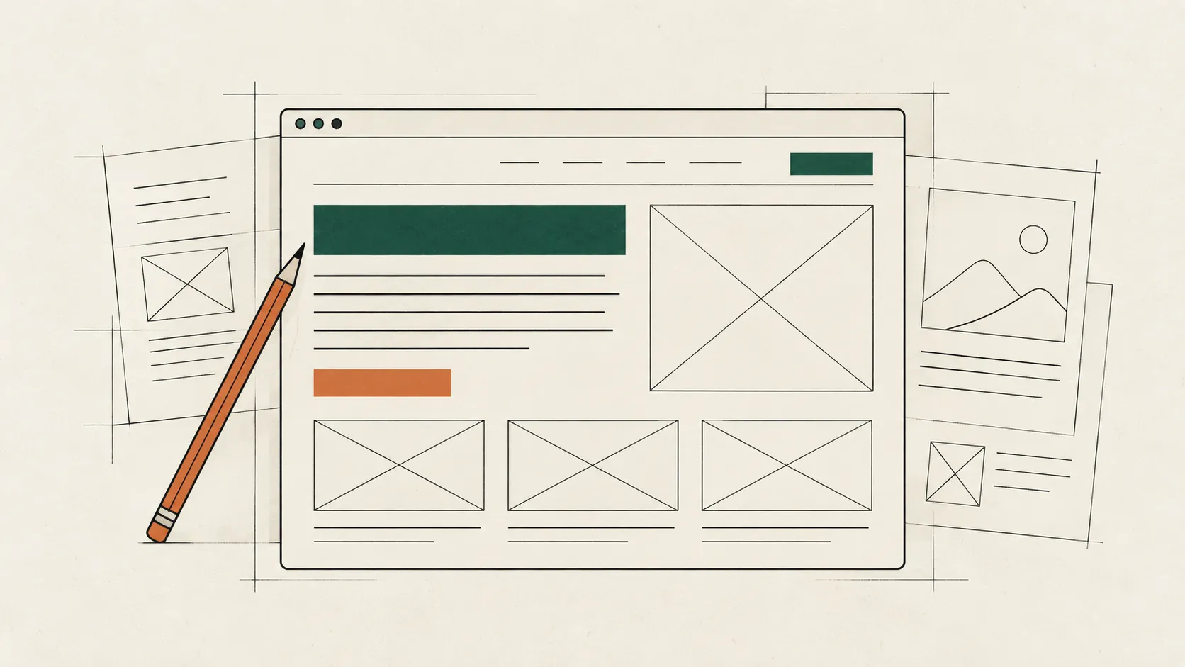 An outlined web page with copy blocks and image placeholders arranged beside an orange pencil.