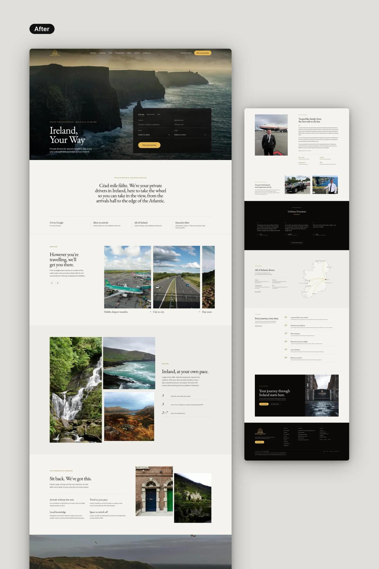 After: the new IrishDriven home page on desktop and phone, opening on the Cliffs of Moher, then services, photographs of Ireland, a founder's note, reviews and a map of routes across Ireland
