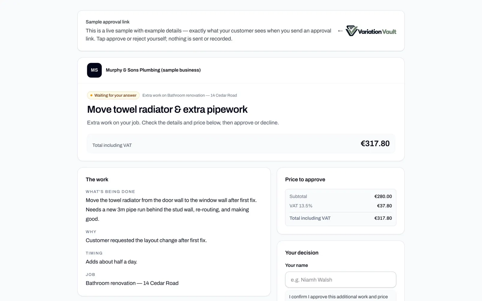 The sample approval page a customer sees: the extra work, why it's needed, the price including VAT and a field for their name