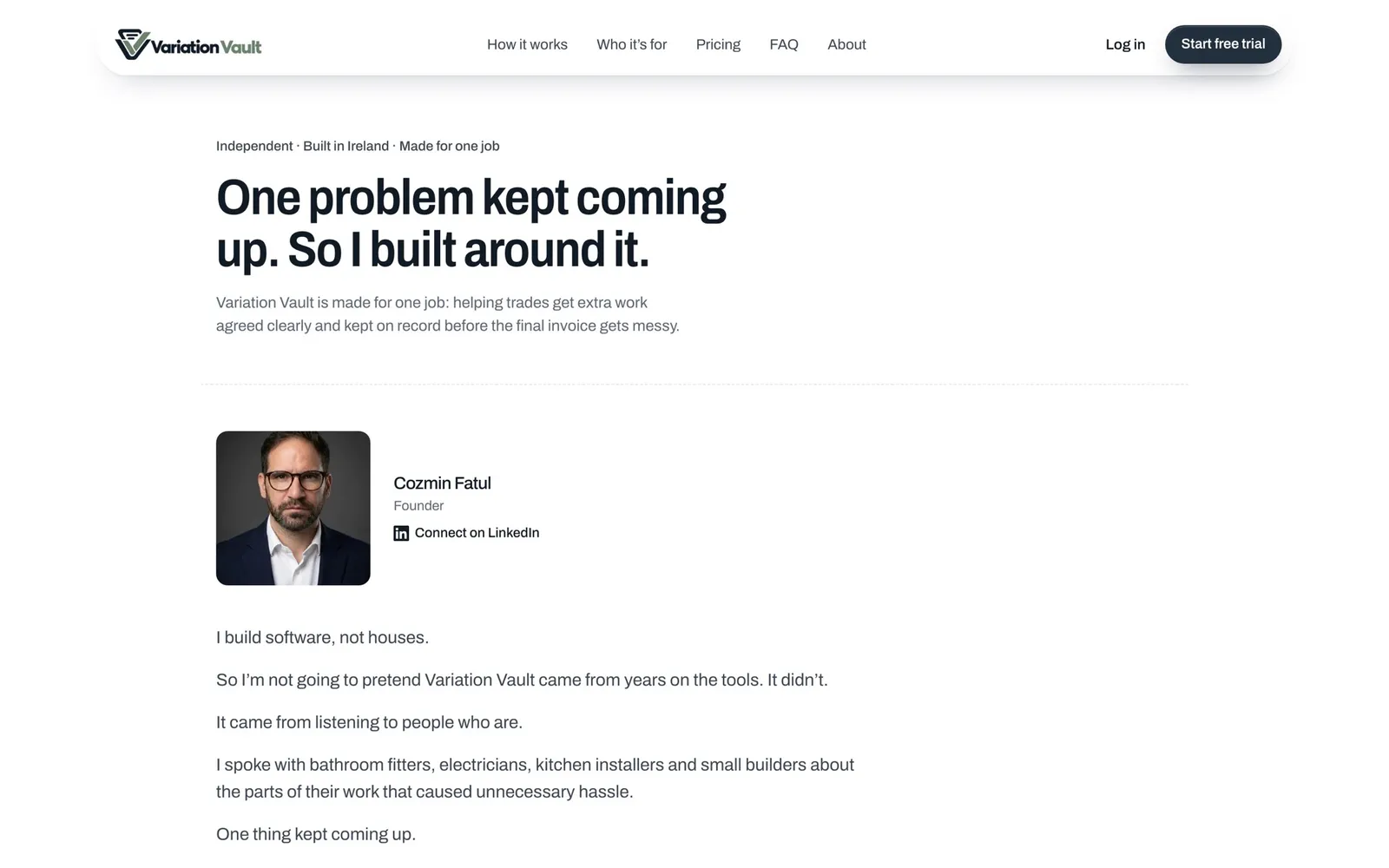 The About page, with the founder's note on why Variation Vault was built