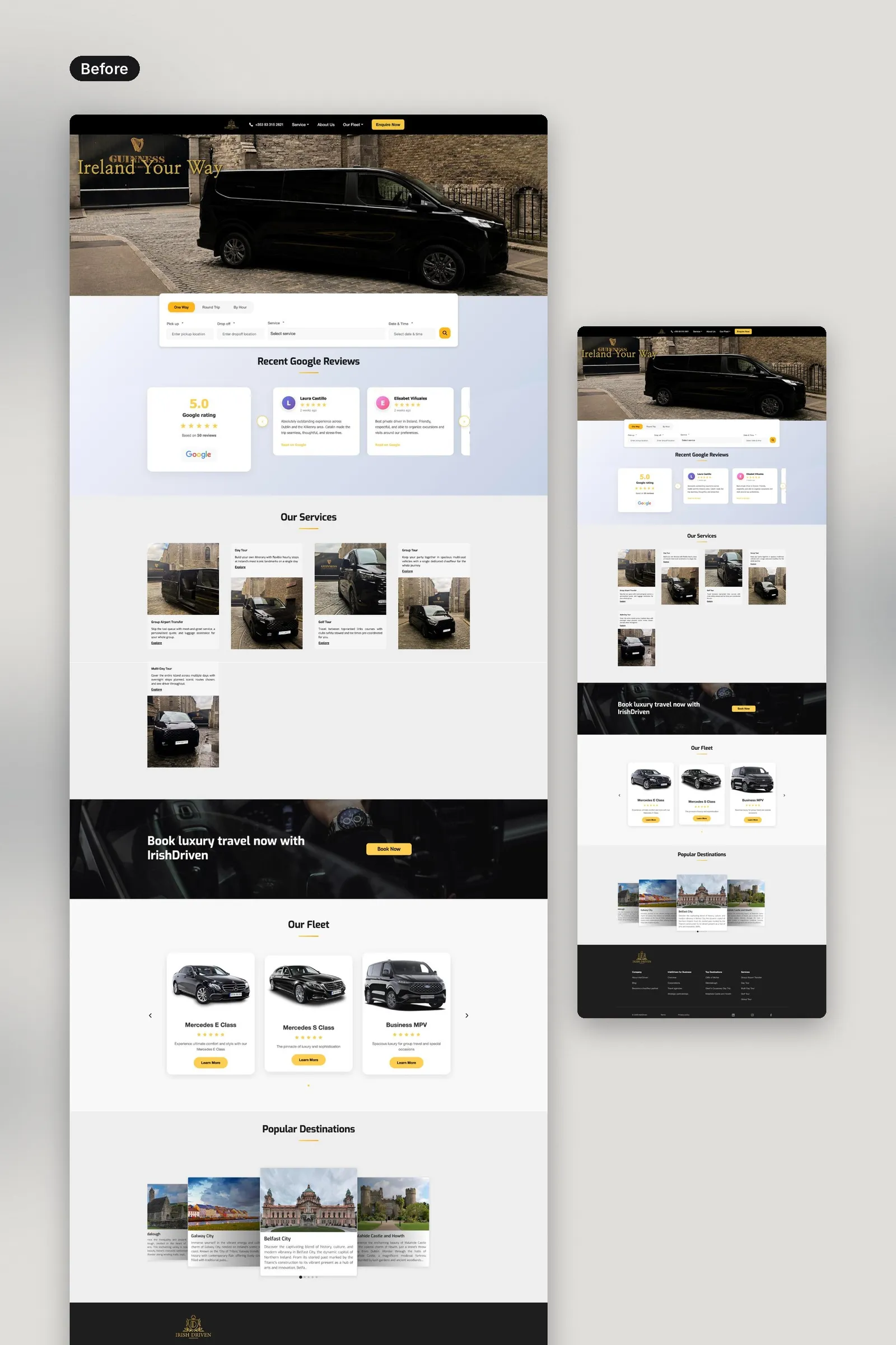 Before: the old IrishDriven home page on desktop and phone, with a van parked by a Guinness sign, a booking bar, Google reviews, services, fleet and destinations