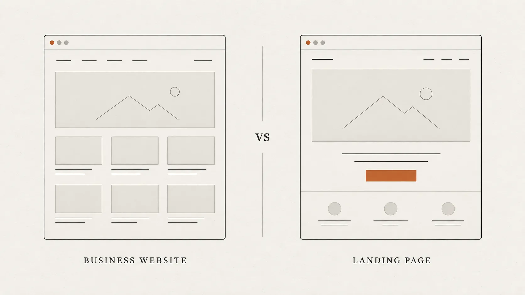 Side-by-side illustrations of a multi-section business website and a focused landing page.