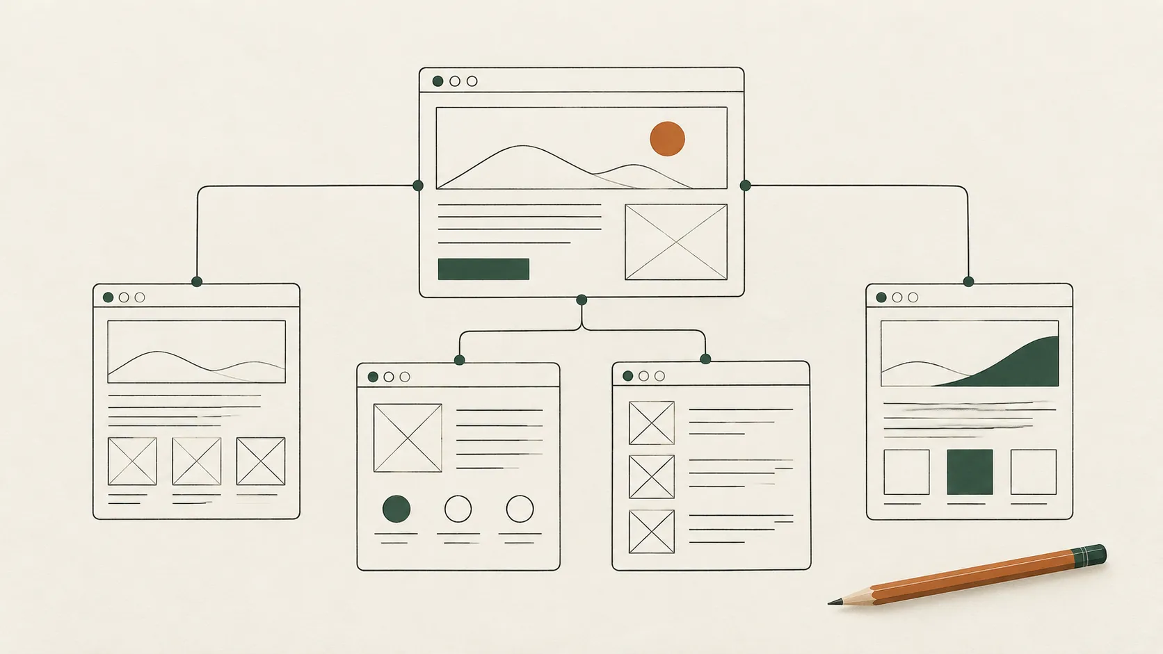 Five connected website wireframes form a page map, with a pencil beside the layout.