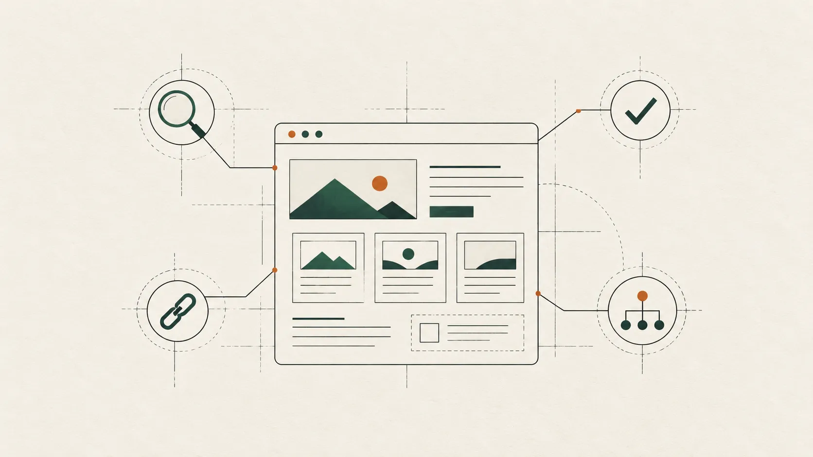 A website wireframe is linked to a magnifying glass, checkmark, chain link and site map symbol.