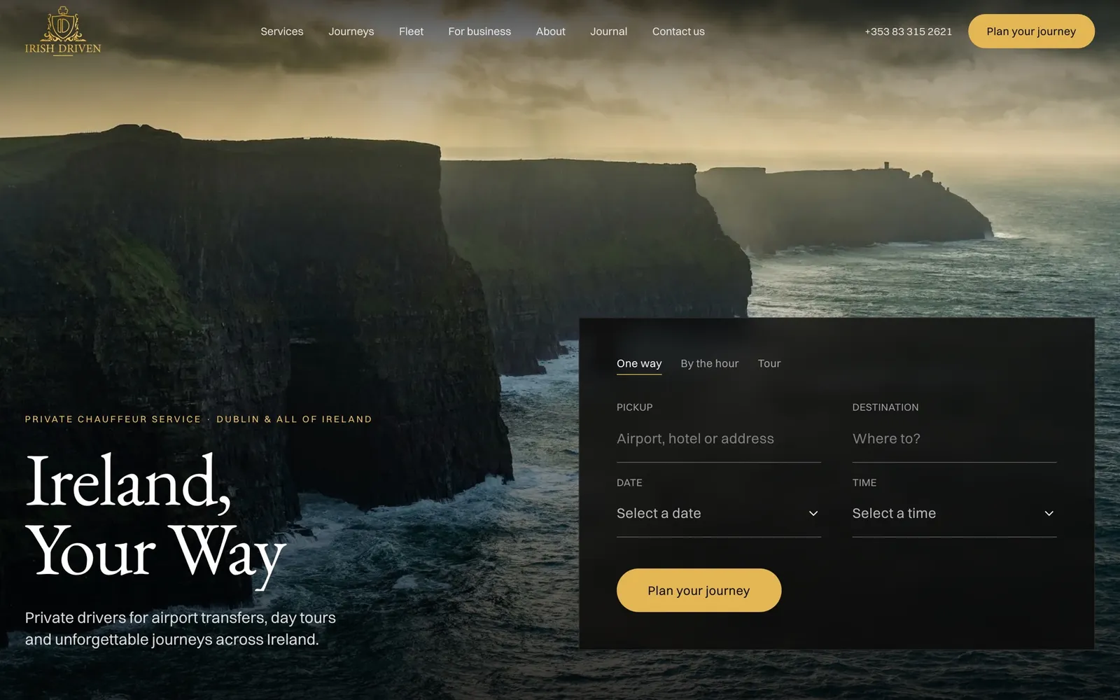 The new IrishDriven home page: “Ireland, Your Way” over the Cliffs of Moher at dusk, with a black panel for planning a trip