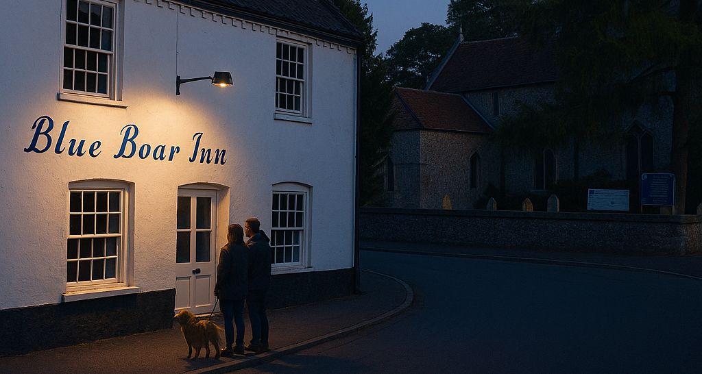 An illustration of the Blue Boar Pub at night with a couple and a dog standing outside.